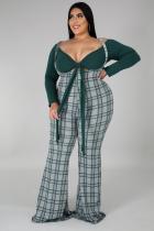 SC Plus Size 5XL Sexy Crop Top And Sling Plaid Print Jumpsuit Two Piece Set BMF-049