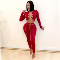 SC Sexy Lace Up Hollow Long Sleeve 2 Piece Sets CHY-1296
