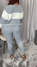SC Casual Sweater Two-color Splice Long Sleeve Pants Two Piece Set ANNF-6013