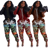 SC Plus Size Bandage Long Sleeve Top And Print Pants Two Piece Set MN-9277