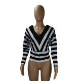 SC Plus Size Casual Striped V Neck Long Sleeve Tops YIY-5230
