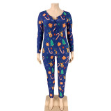 SC Plus Size Christmas Print Skinny Sexy Buttons Jumpsuit OSIF-20887-1