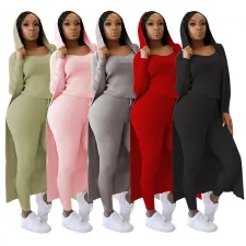 SC Solid Tank Top+Hooded Long Cloak+Pants 3 Piece Sets TR-1089