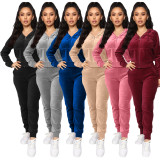 SC Solid Velvet Zipper Hoodies Pants Two Piece Sets XMY-9204