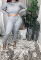 SC Plus Size Ribbed High Neck Top And Pants Fashion Two Piece Set CQ-086