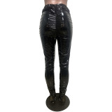 SC PU Leather High Waist Skinny Plush Split Stacked Pants BS-1237