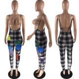 SC Fashion Casual Plaid Print Suspender Jumpsuit YSYF-7267
