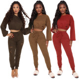 SC Casual Solid Long Sleeve Two Piece Pants Set SMR-9792