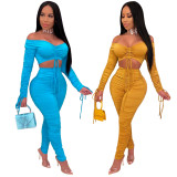 SC Sexy Off Shoulder Ruched Long Sleeve 2 Piece Sets SMR-9737