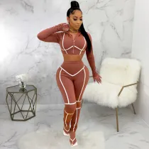 SC Sexy Hooded Zipper Long Sleeve 2 Piece Pants Set SMR-9781