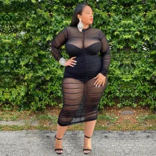 SC Plus Size 5XL Sexy Nightclub Mesh Ruched Midi Dress ASL-7001