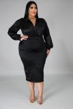 SC Plus Size 5XL Solid V Neck Bodysuit Midi SKirt 2 Piece Sets BMF-051