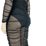 SC Plus Size 5XL Sexy Nightclub Mesh Ruched Midi Dress ASL-7001