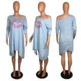 Plus Size Lip Print Long Sleeve Oblique Collar Loose Irregular Dress WY-6470