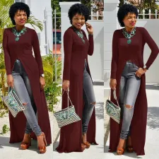 SC Plus Size Solid High Split Full Sleeve Long Tops WY-6184