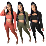 SC Solid Hollow Crop Top Pants Two Piece Sets YM-9261