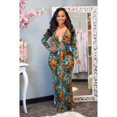 SC Plus Size Sexy Printed Deep V Neck Slim Maxi Dress YIY-5241