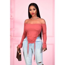 SC Sexy Solid Slash Neck Lace Up Long Sleeve Crop Tops YM-9263