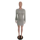 SC Solid Lantern Sleeve High Waist Mini Dress MEM-8317