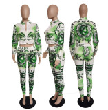 SC Green Printed Zipper And Pants Two Piece Set APLF-1101