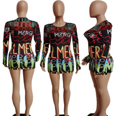 SC Tight Sexy Nightclub Letter Print Long Sleeve Bodycon Dress APLF-0975