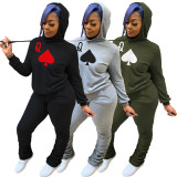 Poker Print Thiken Hoodies Stacked Pants 2 Piece Sets IV-8149