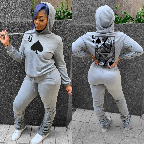 Poker Print Thiken Hoodies Stacked Pants 2 Piece Sets IV-8149