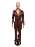 SC Sexy Zipper Ruched Faux Leather Jumpsuit (With Adjustable Belt) OMY-8006
