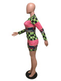 SC Sexy Plaid Letter Print Long Sleeve Zipper Rompers OMY-5130