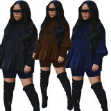 SC Solid Long Sleeve Folds Two Piece Shorts Set OMY-8100
