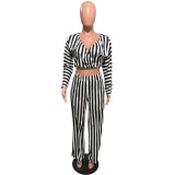 SC Sexy Striped V Neck Crop Top Pants Two Piece Sets OMY-8098
