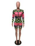 SC Sexy Plaid Letter Print Long Sleeve Zipper Rompers OMY-5130