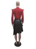 SC Plus Size Fashion Sexy Ruffled Pearl PU Leather Skirt OMY-5071
