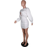 SC Sexy Long Sleeve Ruched White Mini Dress MK-3039