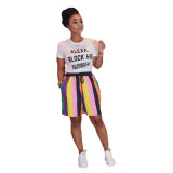 SC Casual Print T-shirt Striped Shorts Two Piece Set OMY-8022