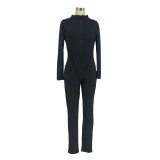 Casual Solid Front Zipper Long Sleeve Tight Jumpsuits AIL-138