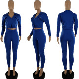 SC Casual Sports Solid Color Lapel Long Sleeve Top And Pants Two Piece Set CQF-927