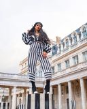 SC Casual Striped Zipper Sexy Pile Sleeve Coat And Wide Leg Pants Suit CQF-922