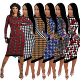 SC Plus Size 4XL Houndstooth Print Long Sleeve Midi Dress SFY-208