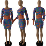 SC Fashion Print Long Sleeve Top And Skirts Two Piece Set CQF-931