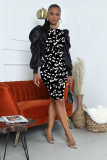 SC Sexy Leopard Puff Sleeve Slim Knee Length Dress WY-6680