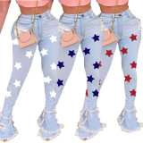 SC Plus Size Denim Star Print Ripped Hole Flared Jeans HSF-2390