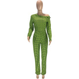 SC Houndstooth Print Long Sleeve One Piece Jumpsuit MEI-9133