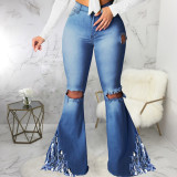 SC Plus Size Denim Hole Mid Waist Stretch Tasse Flared Jeans HSF-2383
