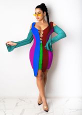 SC Color Block Bandage Cold Shoulder Irregular Dress SXF-1194