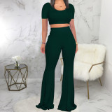 SC Solid Short Sleeve Flared Pants Two Piece Suits SMR-9917