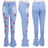 SC Plus Size Denim Star Print Ripped Hole Flared Jeans HSF-2390