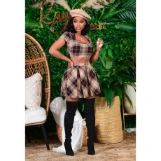 SC Plaid Print Crop Top Pleated Mini Skirt 2 Piece Sets CHY-1292