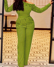 SC Houndstooth Print Long Sleeve One Piece Jumpsuit MEI-9133