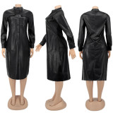 SC Plus Size PU Leather Long Sleeve Midi Dress SFY-215